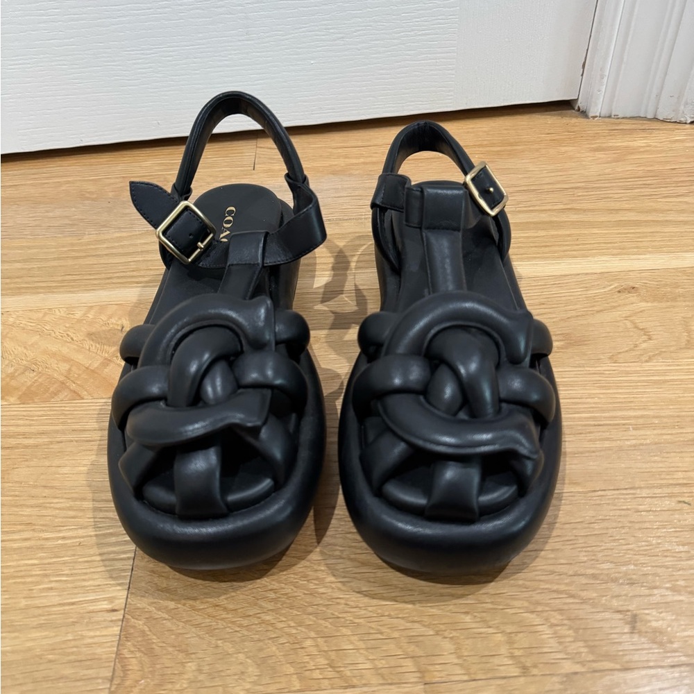 Coach Black Knotted Leather Sandal with Gold Buckle